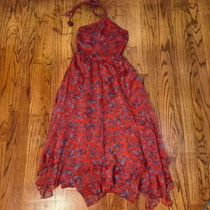 NWT MISA Los Angeles Red and Blue Midi Halter Hankerchief Dress Women Size XS